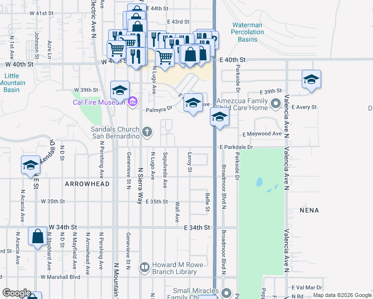 map of restaurants, bars, coffee shops, grocery stores, and more near 241 Larkspur Drive in San Bernardino