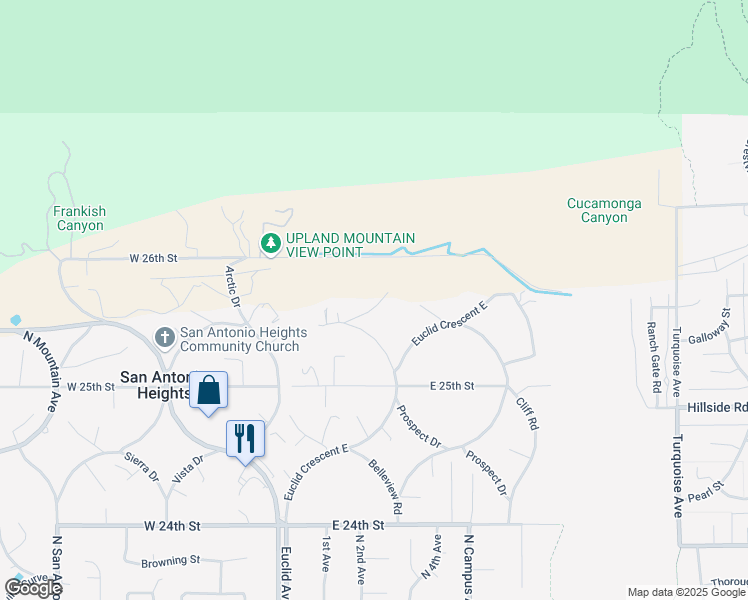 map of restaurants, bars, coffee shops, grocery stores, and more near 2561 East Vista Drive in Upland