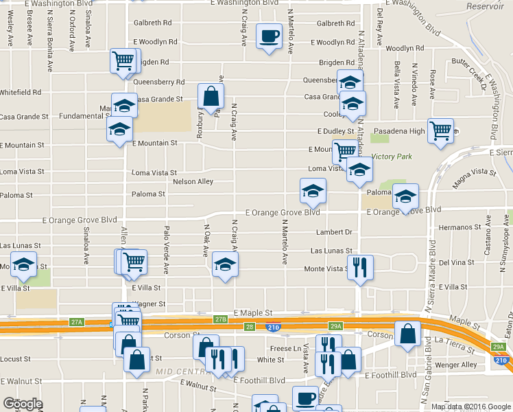 map of restaurants, bars, coffee shops, grocery stores, and more near 2207 East Orange Grove Boulevard in Pasadena