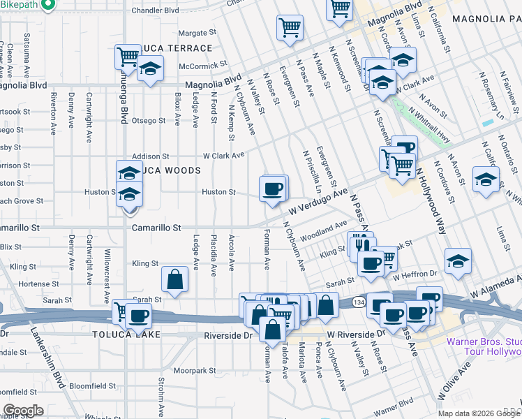 map of restaurants, bars, coffee shops, grocery stores, and more near 4825 Forman Avenue in Los Angeles