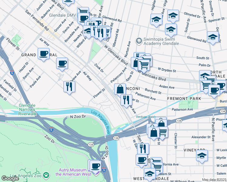 map of restaurants, bars, coffee shops, grocery stores, and more near 5846 San Fernando Road in Glendale