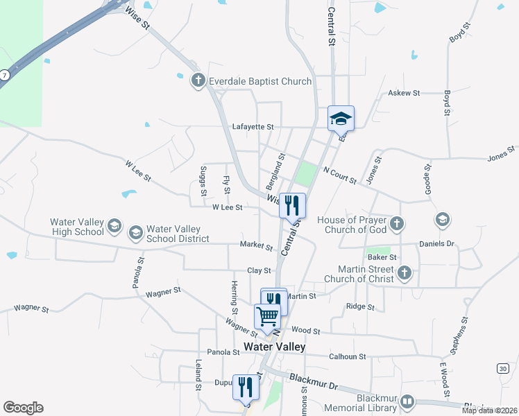 map of restaurants, bars, coffee shops, grocery stores, and more near 803 Robinson Street in Water Valley