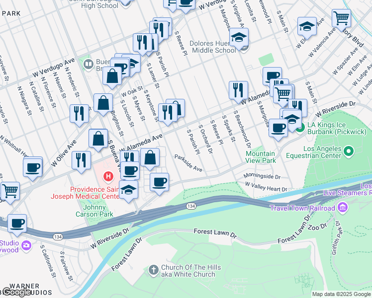 map of restaurants, bars, coffee shops, grocery stores, and more near 442 South Lamer Street in Burbank