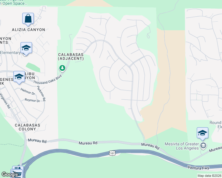 map of restaurants, bars, coffee shops, grocery stores, and more near 5418 Amber Circle in Calabasas