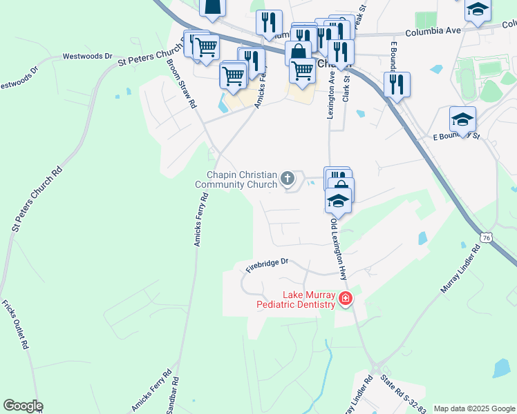map of restaurants, bars, coffee shops, grocery stores, and more near 181 Fair Haven Way in Chapin