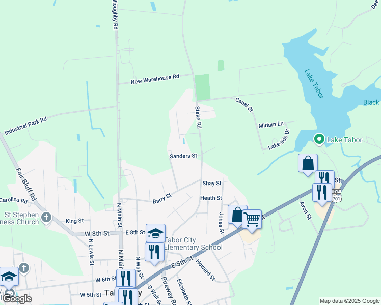 map of restaurants, bars, coffee shops, grocery stores, and more near 112 Sanders Street in Tabor City