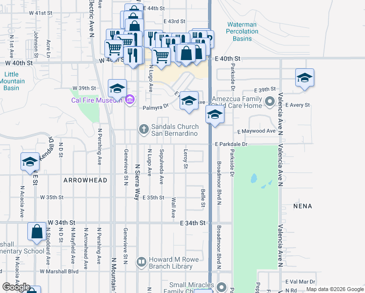 map of restaurants, bars, coffee shops, grocery stores, and more near 241 Larkspur Drive in San Bernardino
