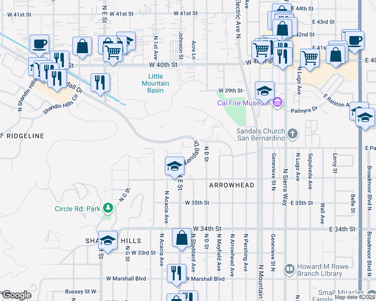 map of restaurants, bars, coffee shops, grocery stores, and more near 3655 North E Street in San Bernardino