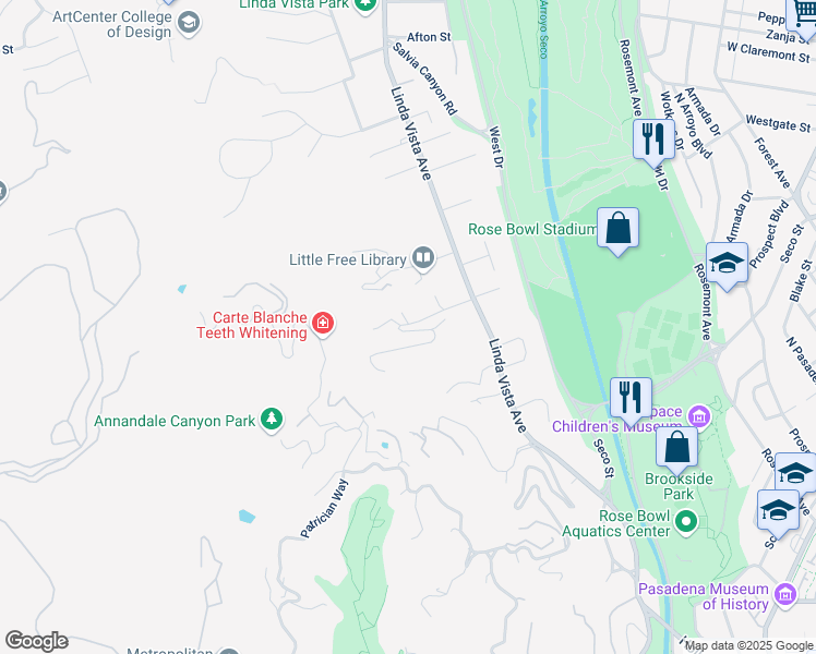 map of restaurants, bars, coffee shops, grocery stores, and more near 1425 Linda Ridge Road in Pasadena
