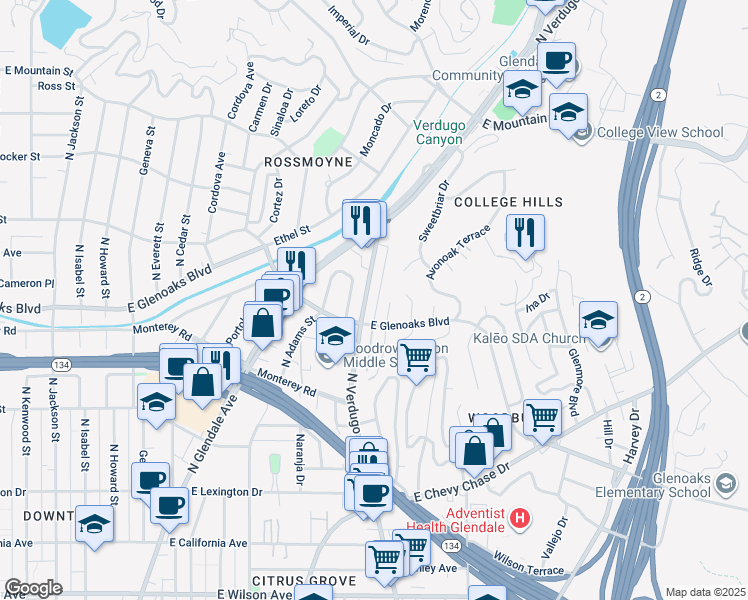 map of restaurants, bars, coffee shops, grocery stores, and more near 907 Sylvanoak Drive in Glendale