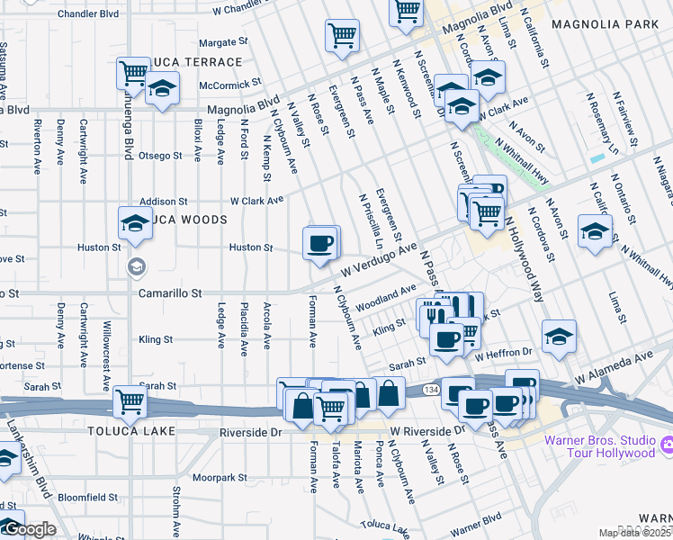 map of restaurants, bars, coffee shops, grocery stores, and more near 4416 West Verdugo Avenue in Burbank