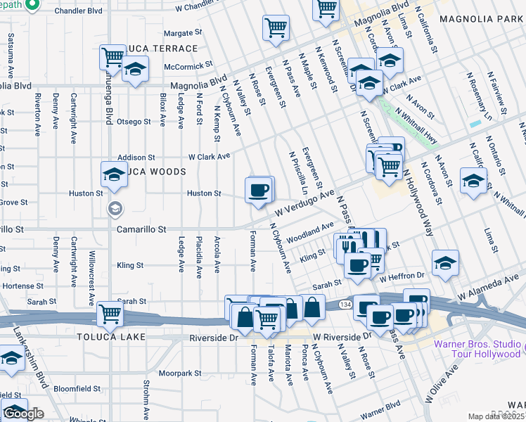 map of restaurants, bars, coffee shops, grocery stores, and more near 4416 West Verdugo Avenue in Burbank