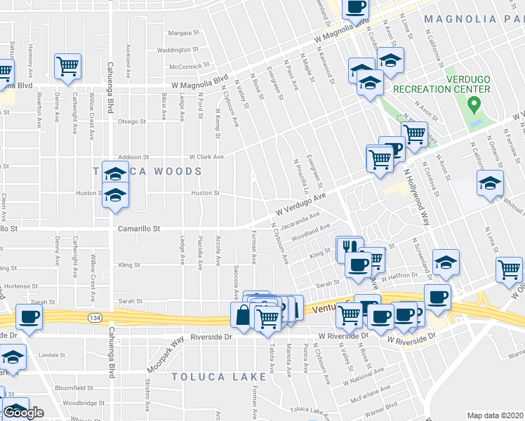 map of restaurants, bars, coffee shops, grocery stores, and more near 10201 Camarillo Street in Los Angeles