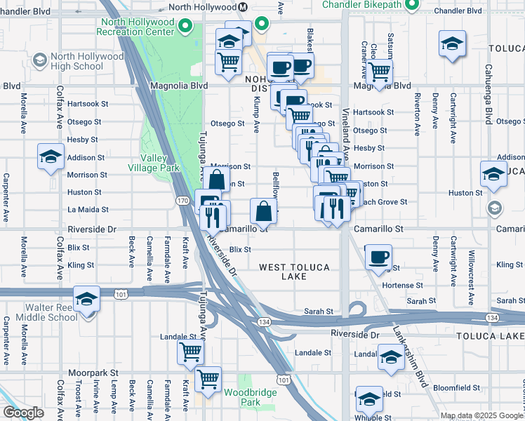 map of restaurants, bars, coffee shops, grocery stores, and more near 4810 Klump Avenue in Los Angeles