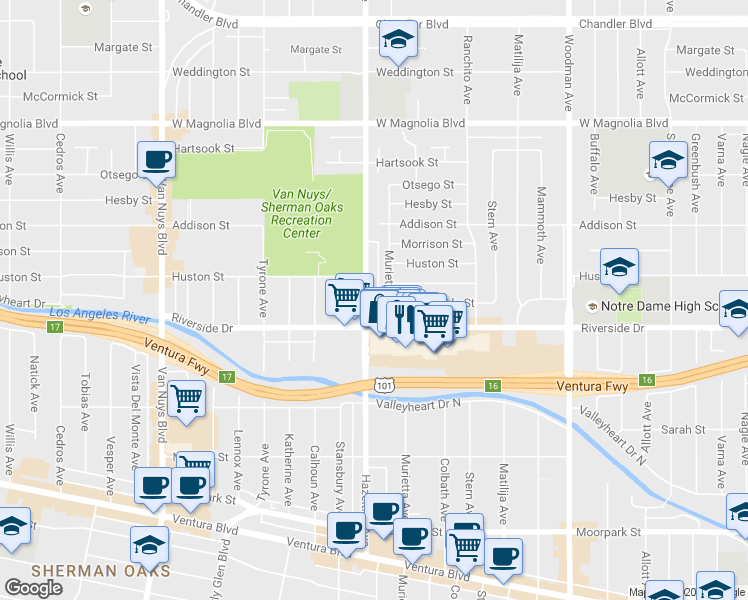 map of restaurants, bars, coffee shops, grocery stores, and more near 14111 Riverside Drive in Los Angeles
