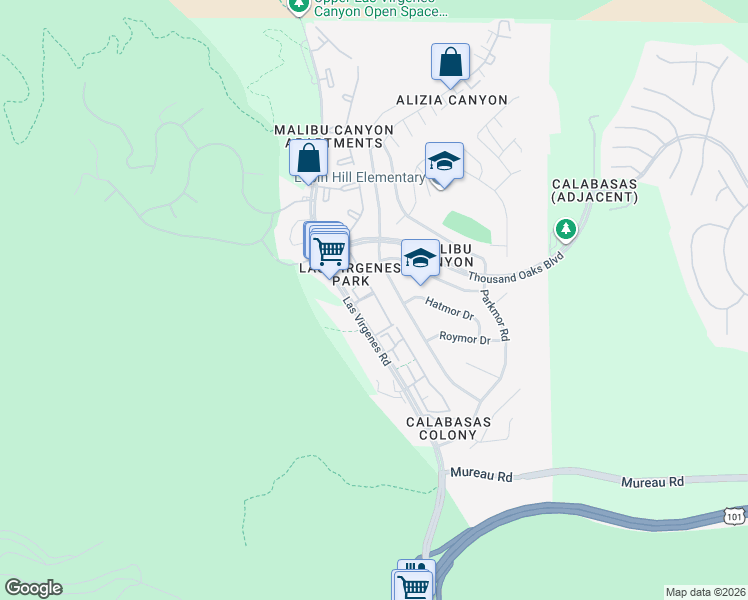 map of restaurants, bars, coffee shops, grocery stores, and more near 5544 Las Virgenes Road in Calabasas