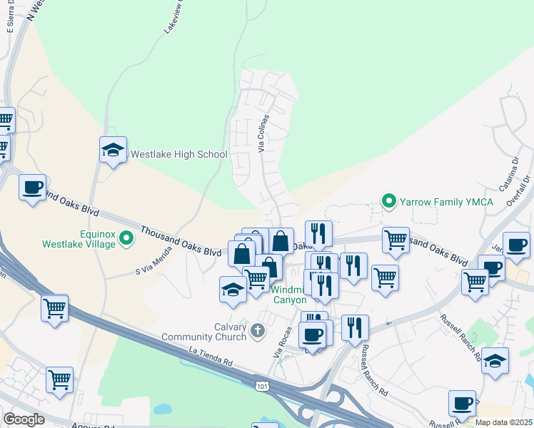 map of restaurants, bars, coffee shops, grocery stores, and more near 109 Via Colinas in Westlake Village