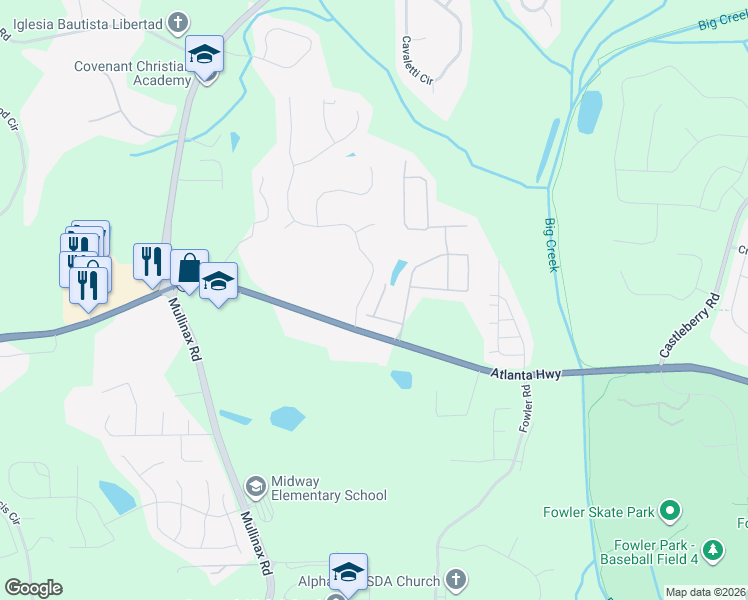 map of restaurants, bars, coffee shops, grocery stores, and more near 4845 Mistybrooke Court in Alpharetta