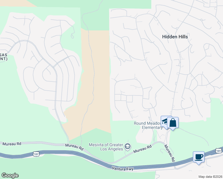 map of restaurants, bars, coffee shops, grocery stores, and more near 25163 Jim Bridger Road in Hidden Hills