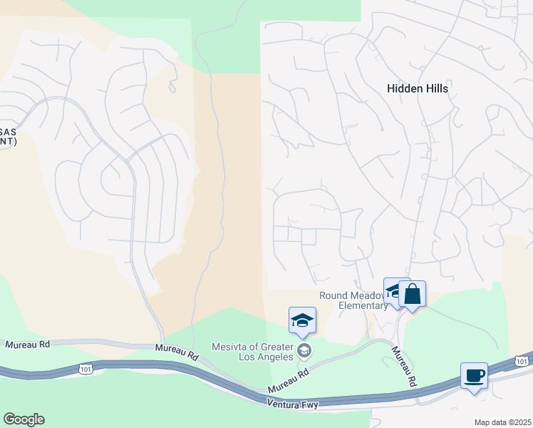 map of restaurants, bars, coffee shops, grocery stores, and more near 25151 Jim Bridger Road in Hidden Hills