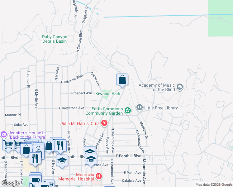 map of restaurants, bars, coffee shops, grocery stores, and more near 349 Norumbega Road in Monrovia