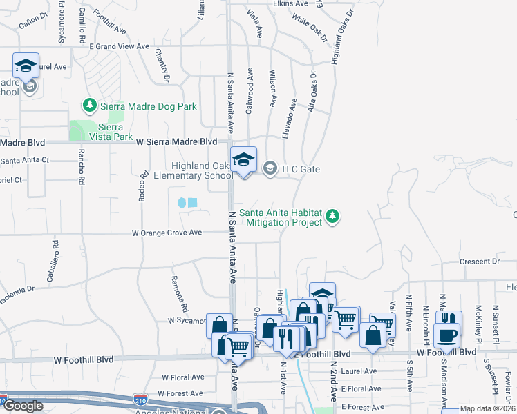 map of restaurants, bars, coffee shops, grocery stores, and more near 35 Ontare Road in Arcadia