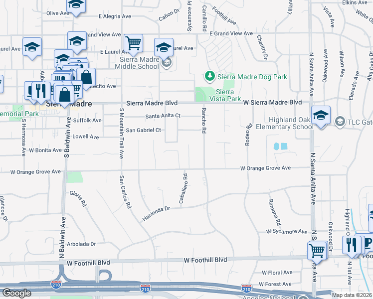 map of restaurants, bars, coffee shops, grocery stores, and more near 95 Monte Vista Lane in Sierra Madre