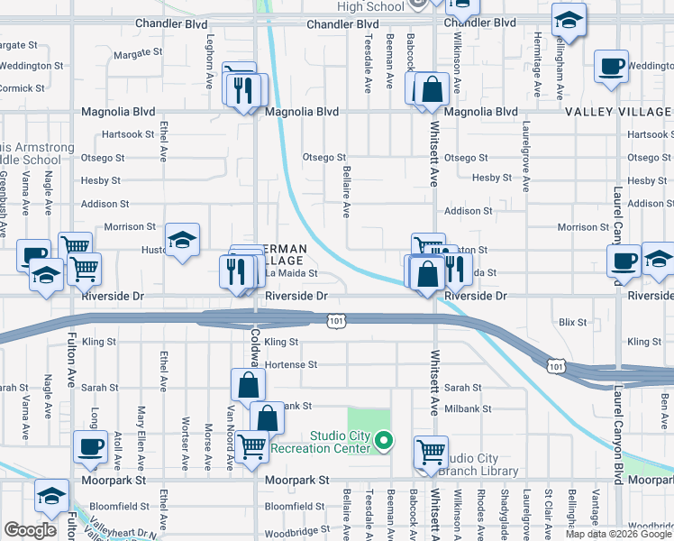 map of restaurants, bars, coffee shops, grocery stores, and more near 12717 Riverside Drive in Los Angeles