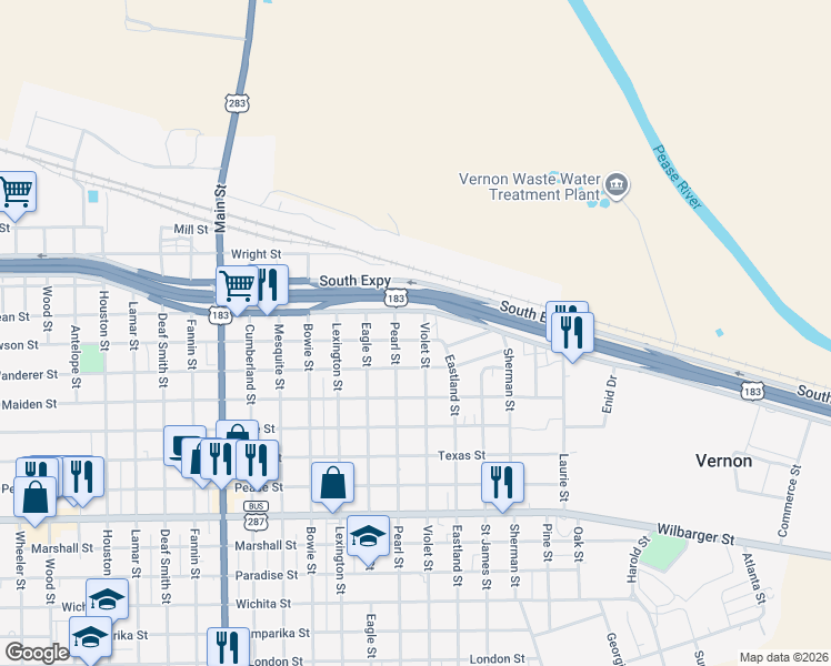 map of restaurants, bars, coffee shops, grocery stores, and more near 1219 Pearl Street in Vernon