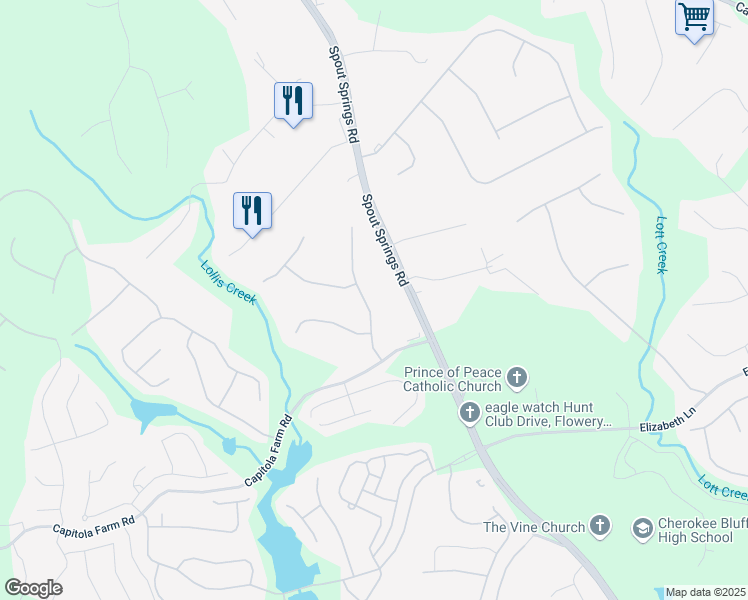 map of restaurants, bars, coffee shops, grocery stores, and more near 6434 Mossy Boulder Drive in Flowery Branch
