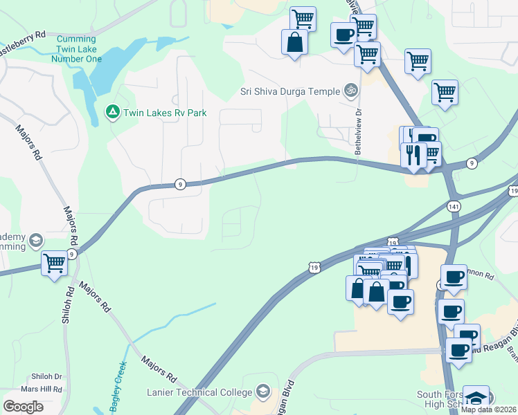 map of restaurants, bars, coffee shops, grocery stores, and more near 2765 Atlanta Highway in Cumming