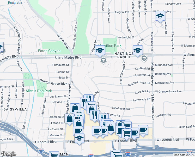 map of restaurants, bars, coffee shops, grocery stores, and more near 3545 Shadow Grove Road in Pasadena