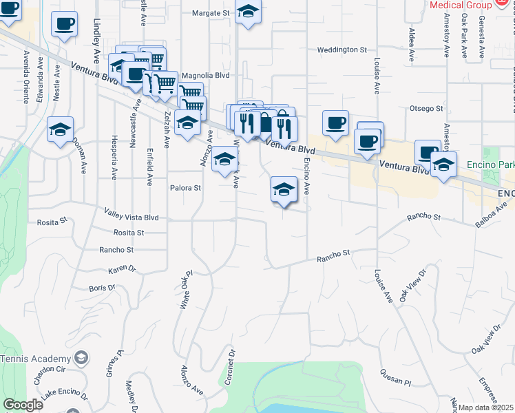 map of restaurants, bars, coffee shops, grocery stores, and more near 17631 Corinthian Drive in Los Angeles