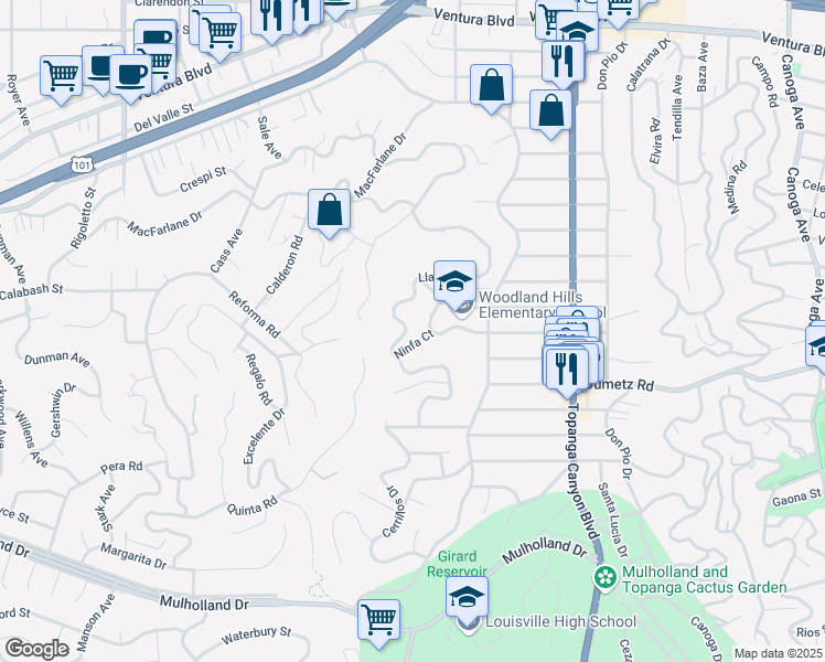 map of restaurants, bars, coffee shops, grocery stores, and more near 4976 Llano Drive in Los Angeles