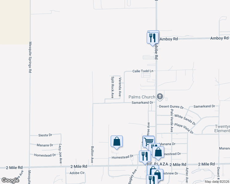 map of restaurants, bars, coffee shops, grocery stores, and more near 5237 Split Rock Avenue in Twentynine Palms
