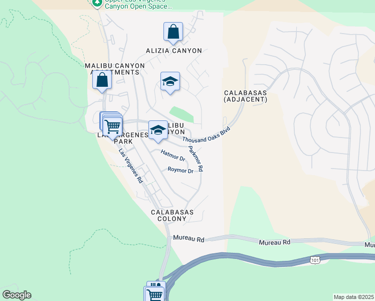 map of restaurants, bars, coffee shops, grocery stores, and more near 26106 Veva Way in Calabasas