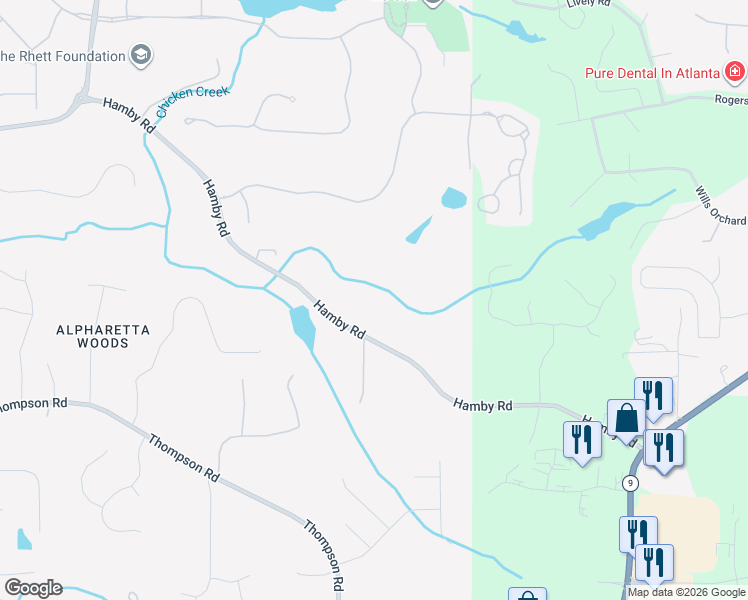 map of restaurants, bars, coffee shops, grocery stores, and more near 3309 Hamby Road in Alpharetta