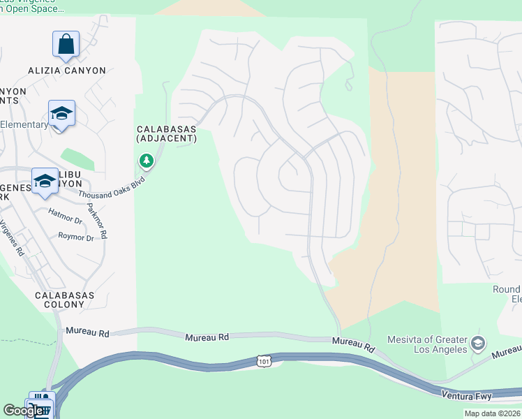 map of restaurants, bars, coffee shops, grocery stores, and more near 5418 Amber Circle in Calabasas