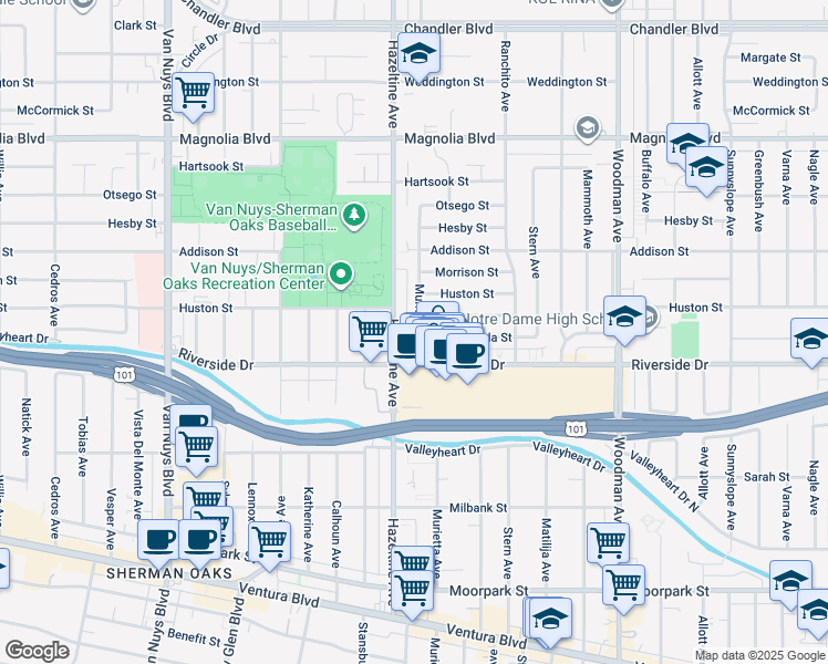 map of restaurants, bars, coffee shops, grocery stores, and more near 4831 Murietta Avenue in Los Angeles
