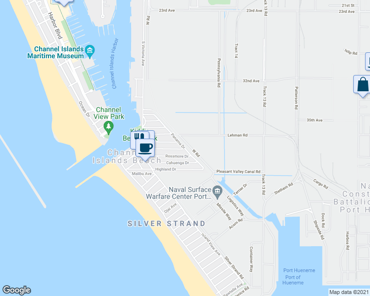 map of restaurants, bars, coffee shops, grocery stores, and more near Panama Dr & Melrose Dr in Oxnard