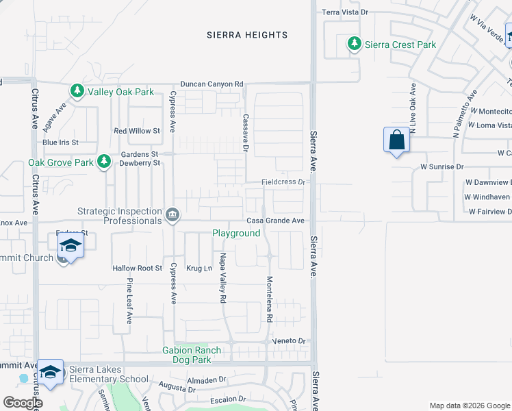 map of restaurants, bars, coffee shops, grocery stores, and more near 4936 Sierra Avenue in Fontana