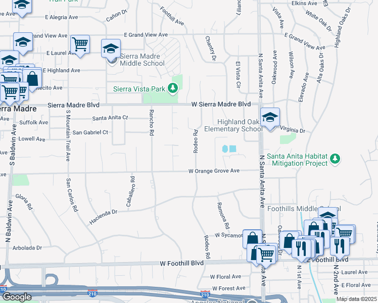 map of restaurants, bars, coffee shops, grocery stores, and more near 1539 Rodeo Road in Arcadia