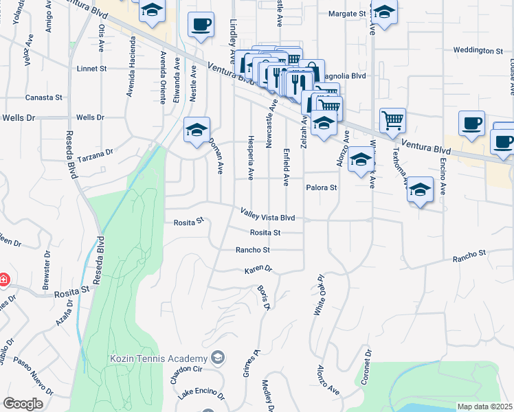 map of restaurants, bars, coffee shops, grocery stores, and more near 4912 Hesperia Avenue in Los Angeles