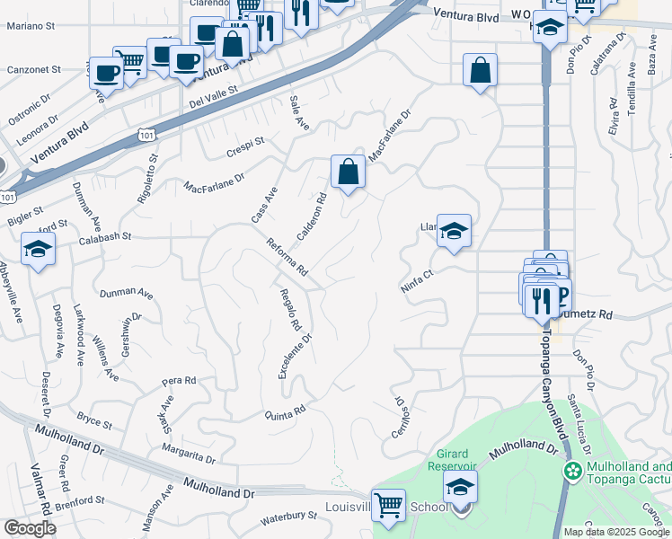 map of restaurants, bars, coffee shops, grocery stores, and more near 22470 Sueno Road in Los Angeles