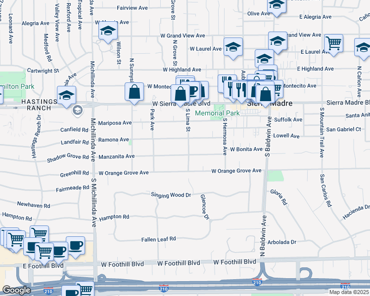 map of restaurants, bars, coffee shops, grocery stores, and more near 175 South Lima Street in Sierra Madre