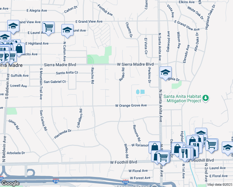 map of restaurants, bars, coffee shops, grocery stores, and more near 1539 Rodeo Road in Arcadia