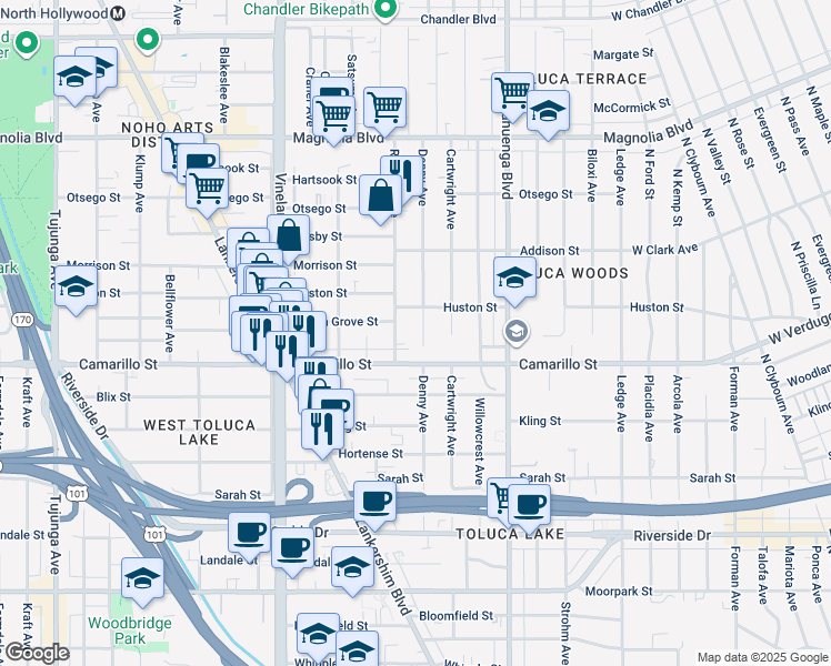 map of restaurants, bars, coffee shops, grocery stores, and more near 4833 Denny Avenue in Los Angeles
