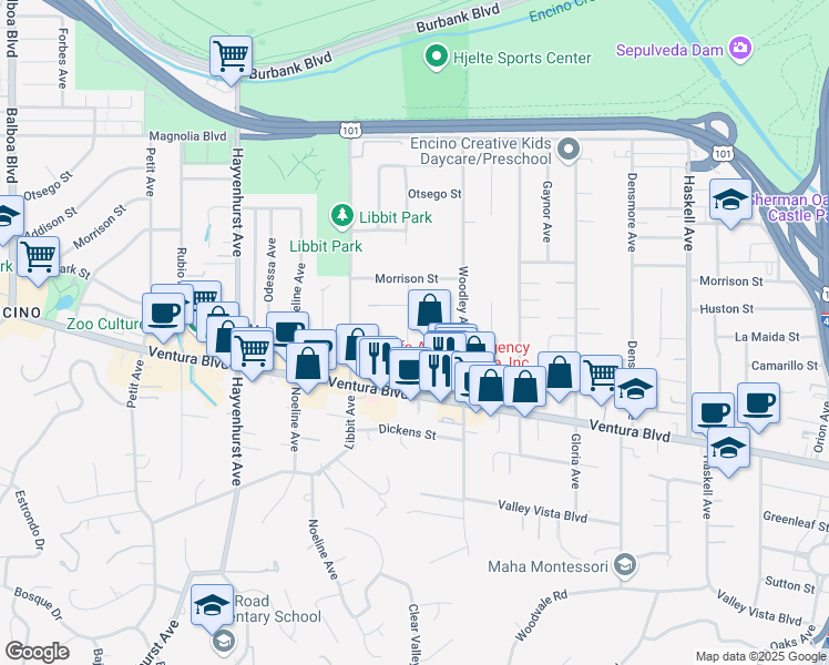 map of restaurants, bars, coffee shops, grocery stores, and more near 4823 Swinton Avenue in Los Angeles