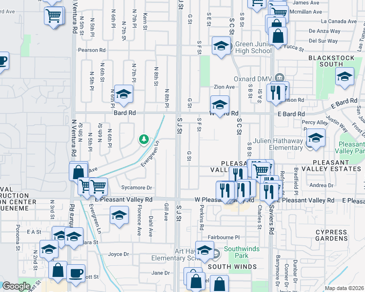 map of restaurants, bars, coffee shops, grocery stores, and more near 4630 South J Street in Oxnard