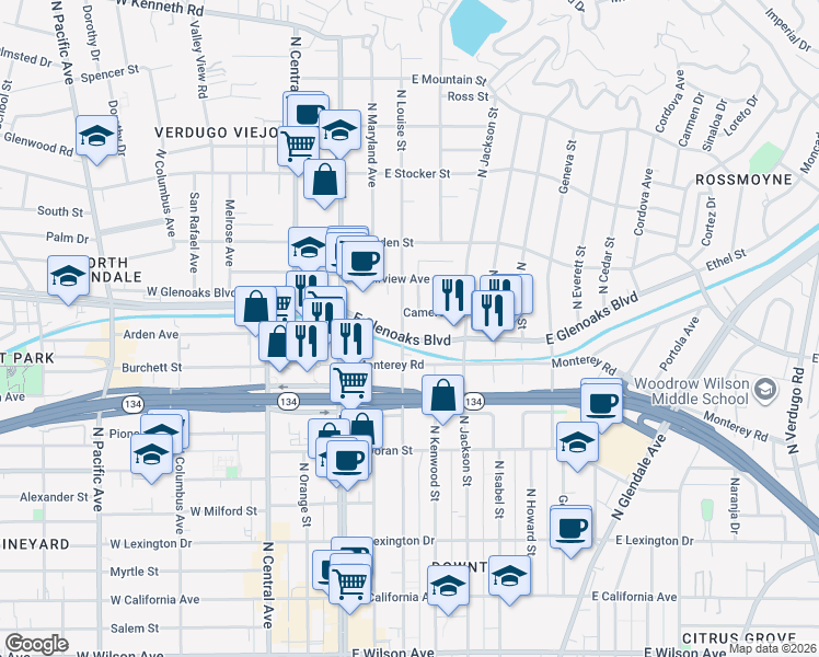 map of restaurants, bars, coffee shops, grocery stores, and more near 908 North Louise Street in Glendale